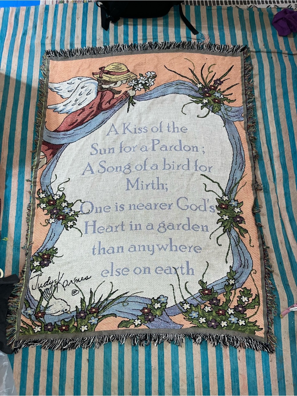 Vintage Woven Tapestry Throw Blanket God’s Garden Poem Frances Gurney Floral